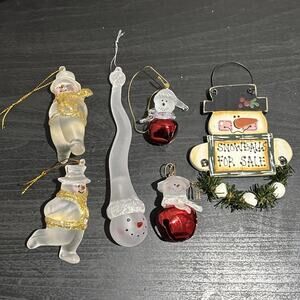 Lot of 6 Small Hanging Christmas Ornaments Snowmen Jingle Bells Frosted Glitter